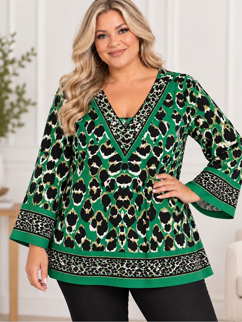 Avenue 26/28 Green Leopard Animal Print V Neck Tunic Top Plus Size